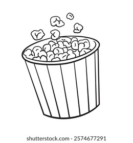 Line drawing of a popcorn bucket with kernels popping out.