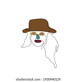 line drawing a portrait woman's face wearing a hat for t-shirt, fashion beauty and wall art