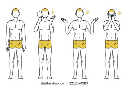 Line drawing pose set of a man with hair loss, pose in trouble