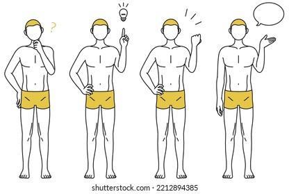 Line drawing pose set of a man with hair loss, talking, questioning, inspiration, guts pose