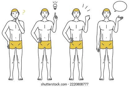 Line drawing pose set of a man with hair loss, talking, questioning, inspiration, guts pose