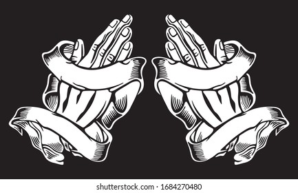 Line drawing of praying hands. Black and white prayer hand. Vector illustration. 