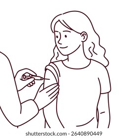 Line drawing of pregnant woman receives vaccination. Visual of medical care, protection, and immunization for expectant mothers
