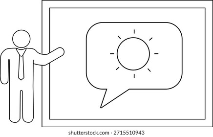 Um desenho de linha de um apresentador ao lado de um ícone de sol enquadrado dentro de um balão de fala