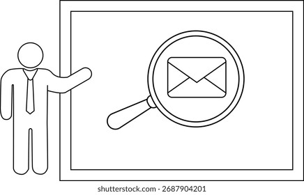 Line drawing of a presenter indicating a board with a magnifying glass over an envelope
