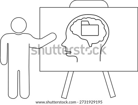 Line drawing presenter points to easel showing profile head with brain containing file folder