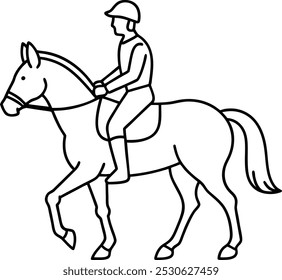 Desenho de linha de um cavaleiro profissional em um cavalo de adestramento. Cavalo montando esboço de arte vetorial e ilustração. Jockey cavalgando um garanhão. Um esboço de um cavaleiro de adestramento em um cavalo executando a meia passagem.