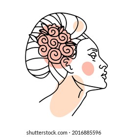 Line drawing of the profile of a beautiful woman with hairdo and rose flowers, Isolated female character for organic cosmetics.