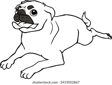 Dibujo en línea de un pug sentado con una sonrisa