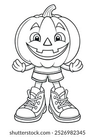 Line drawing of a pumpkin-headed boy character for a Halloween-themed coloring activity