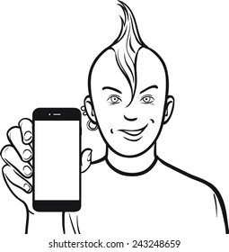 line drawing of a punk showing a mobile app on a smart phone