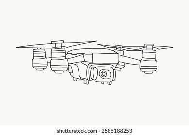 Line drawing of a quadcopter drone with four propellers. The drone's design is simple and technical, showcasing a compact and functional structure. Simple line art vector.