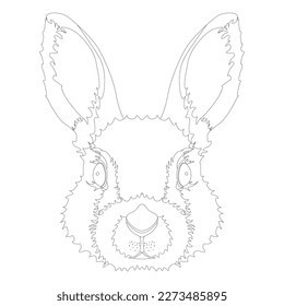 Line drawing of a rabbit head with long raised ears, coloring book for children and adults.