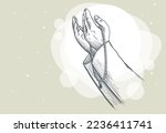 Line drawing of ramadan kareem and eid mubarak concept. Muslim Praying hands holding rosary line drawing. Praying Hands on isolated background.