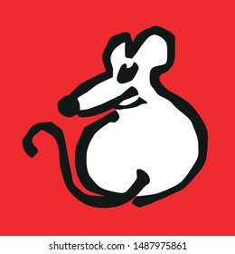 Line drawing of a rat or a white mouse on a red background