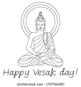 the line drawing represents the Buddha. The inscription happy Vesak day. black outline on a white background. stock vector illustration. EPS 10.