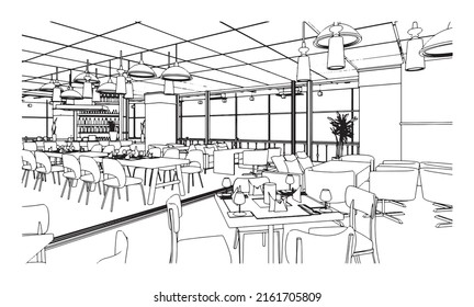 line drawing of restaurant and mall,Modern design,3d rendering