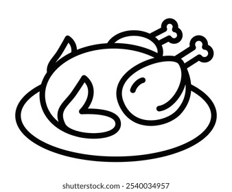 Line drawing of a roasted turkey on a plate, suitable for Thanksgiving, holiday, or food themes. Vector illustration. Editable stroke.