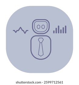 Line drawing of robot wearing tie, symbolizing business and analytics. Robot surrounded by data graphs, representing analysis and technology in corporate setting