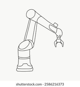 Line drawing of a robotic arm. Simple robotic arm illustration. Robotic arm with a claw. Minimalist robotic arm design on a plain background. Simple line art vector.