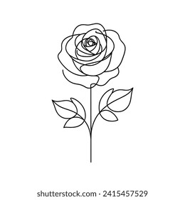 Line drawing of a rose with leaves.