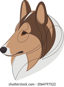 Line drawing Rough Collie Dog with colour. Vector Illustration. Free single line art of Long hair Dog Breeds. Continuous outline drawing of dog. Pets one line hand drawing. Minimalistic Line Icon