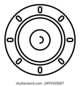 Line drawing of a round audio speaker with bolts, playing music at high volume