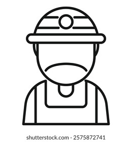 Line drawing of a sad coal miner wearing a helmet and overalls looking tired