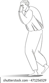 Line drawing of a sad feeling man walking with eyes closed by palms