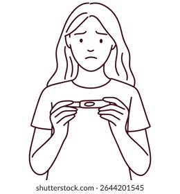 Desenho de linha de mulher triste realizando um teste de gravidez positivo. Símbolo de dor emocional, situação não planejada ou medo