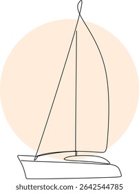 Line drawing of a sailboat against a huge sun, hand drawn without artificial intelligence