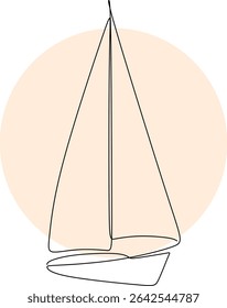 Line drawing of a sailboat against a huge sun, hand drawn without artificial intelligence