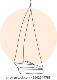 Line drawing of a sailboat against a huge sun, hand drawn without artificial intelligence