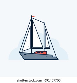 Line drawing of a sailing yacht floating on the waves of the sea on a light background. Side view. Flat style.
