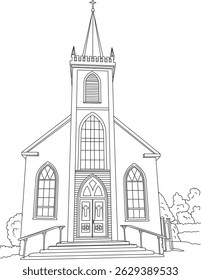 Line Drawing of Saint Teresa of Avila Church, California, Simple black and white line art illustration of Saint Teresa of Avila Church in California. The drawing features the church's facade,