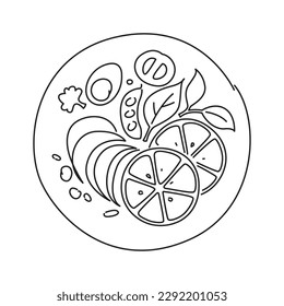 Line drawing of salad in a plate, continuous line illustration.