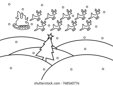 Line drawing of Santa Claus and reindeer with tree among the mountain for happy Christmas day. Snow falling in winter season.
