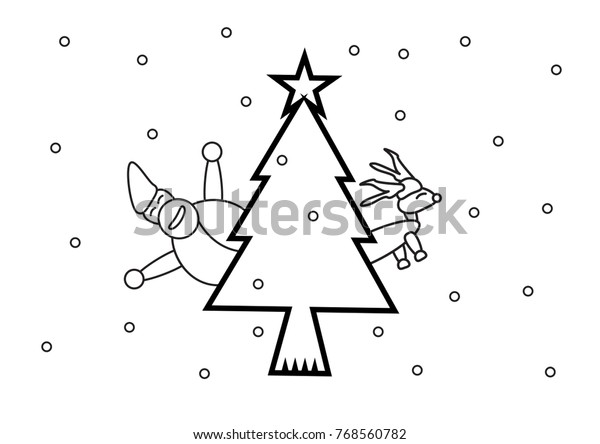 Line Drawing Santa Claus Reindeer Behind Stock Vector