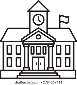 Line drawing of a school building with clock tower and flag