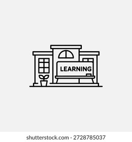 desenho de linha do edifício da escola com painel de aprendizagem