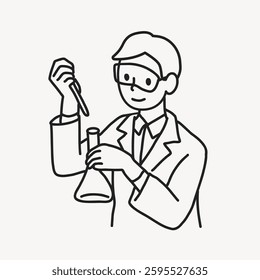 Line drawing of a scientist in a lab coat holding a flask and pipette. The illustration shows a male figure with glasses engaged in a chemistry experiment. Doodle illustration vector.