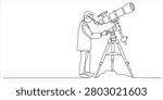 Line drawing of a scientist using a telescope on a for educational or scientific purposes