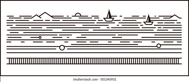 Line drawing. The sea, mountains, sky, ship. Black and white illustration.