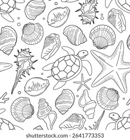Line drawing of seashells, turtle and starfish on white background. Seamless vector pattern.