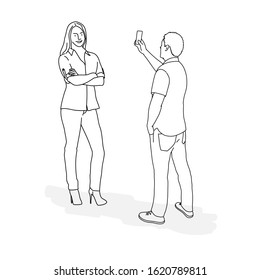 Line drawing of selfie. Vector illustration portrait character of young woman and man, holding smartphone.
