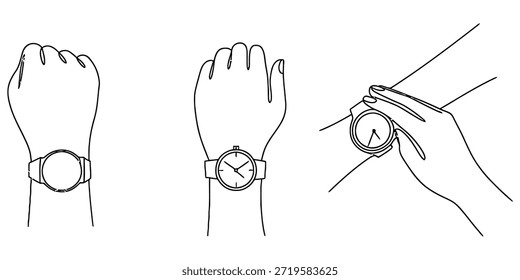 Line drawing sequence showing different positions of hands wearing and adjusting a wristwatch Vector, illustration