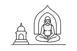 Line drawing serene meditating monk temple shrine