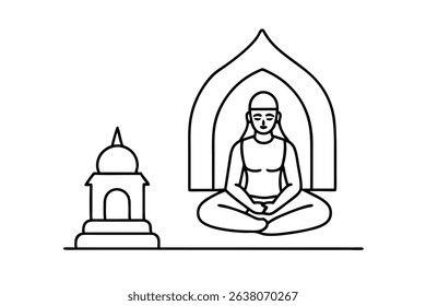 Line drawing serene meditating monk temple shrine