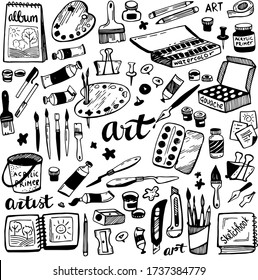 Line drawing set of of art and craft doodles. Vector doodle set of art supplies. Brushes for painting and tubes of paint, palettes, albums, sketchbooks, pencils etc.