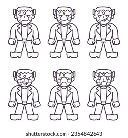 Line drawing set of cute deformed Frankenstein with various expressions